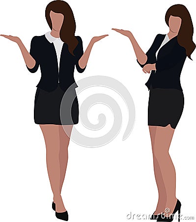 Two girls in office clothes stand in different poses Cartoon Illustration